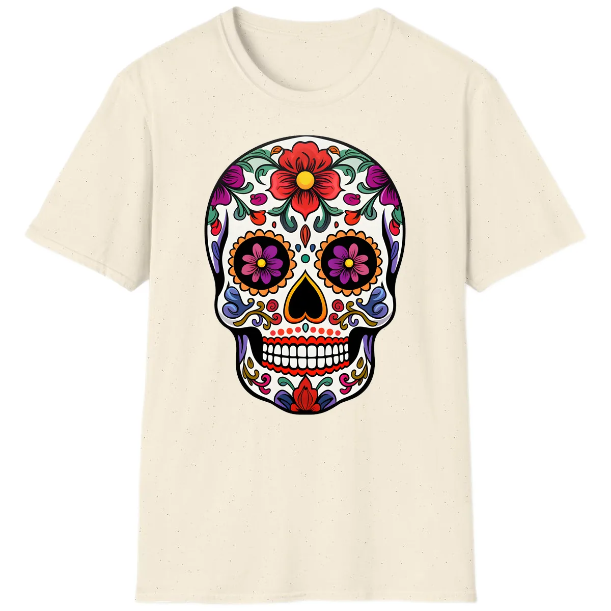 Vibrant Floral Calavera Sugar Skull T-Shirt in Natural