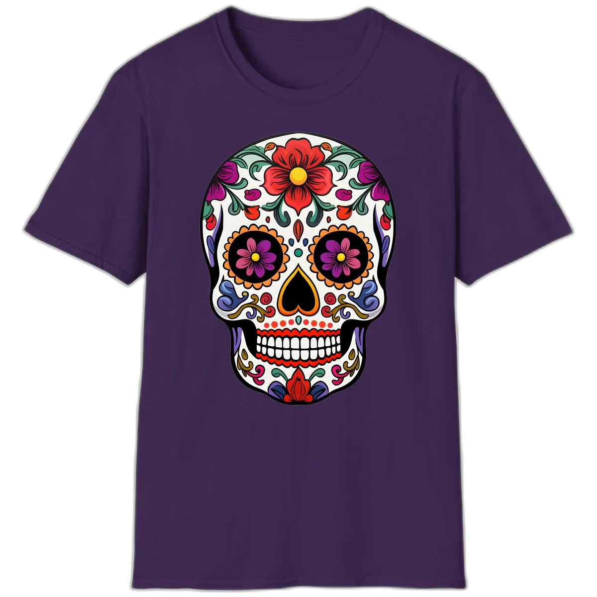Vibrant Floral Calavera Sugar Skull T-Shirt in Purple