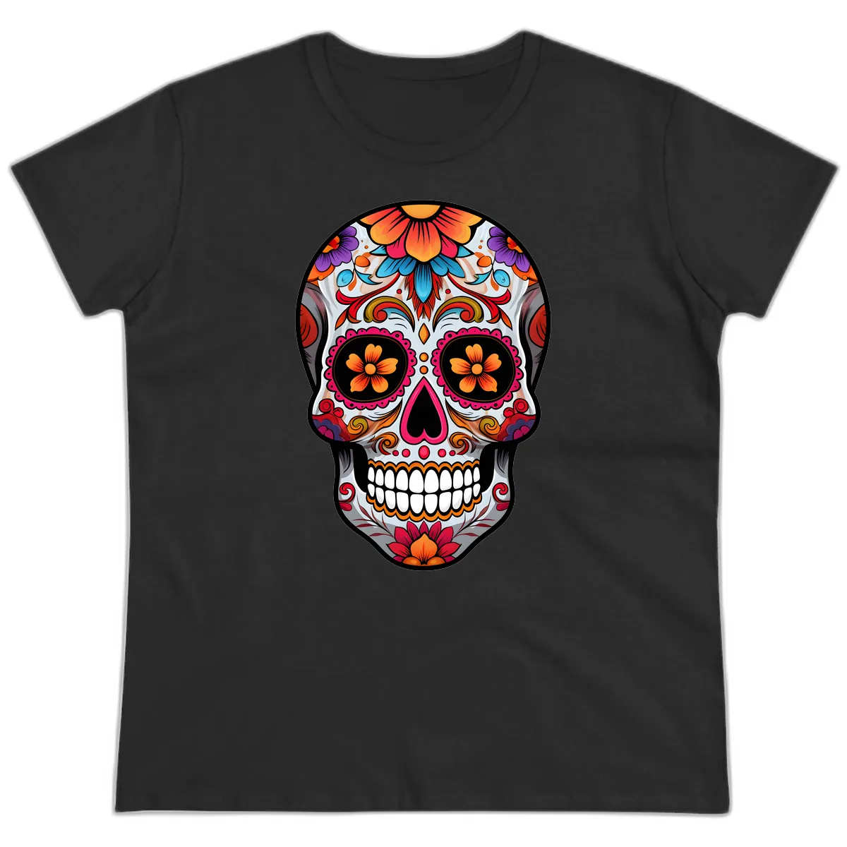 Vibrant Floral Sugar Skull Calavera Ladies Tee in Black