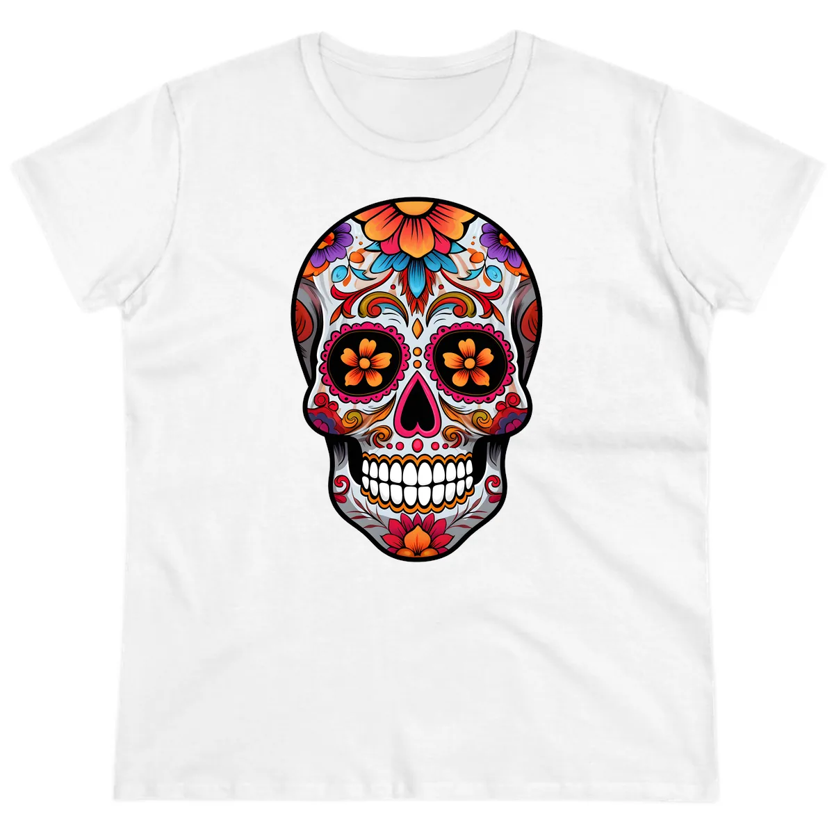 Vibrant Floral Sugar Skull Calavera Ladies Tee in White