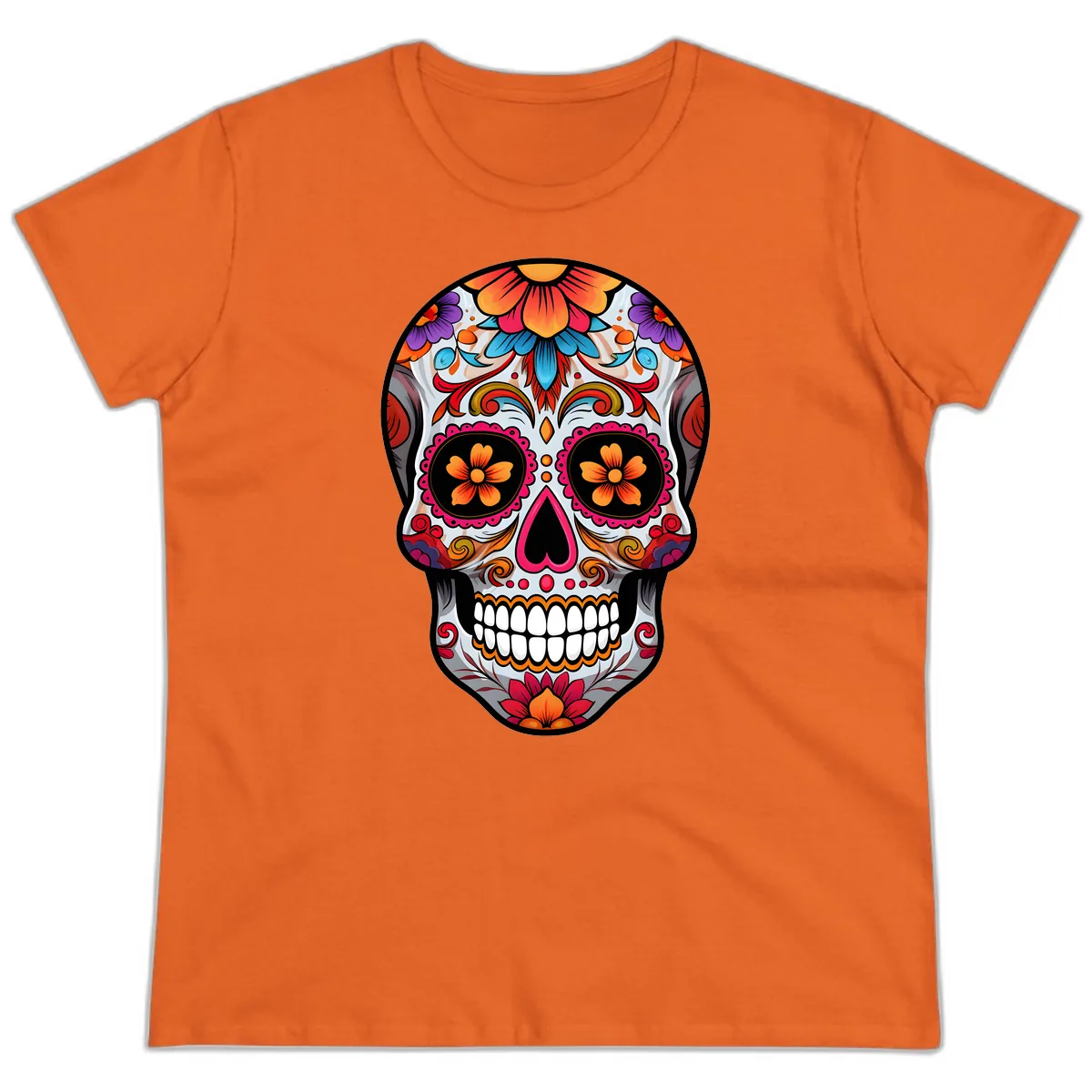 Vibrant Floral Sugar Skull Calavera Ladies Tee in Orange