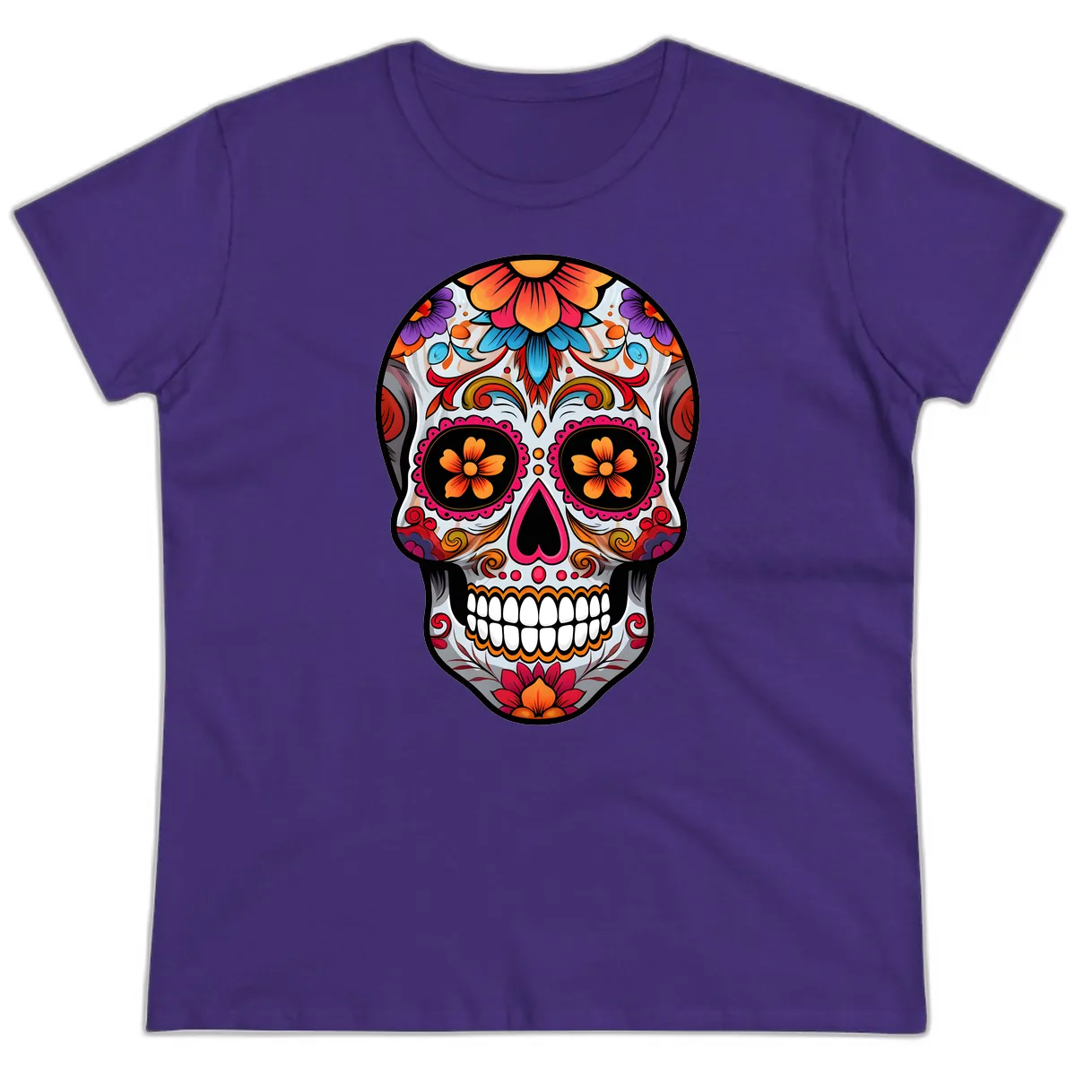 Vibrant Floral Sugar Skull Calavera Ladies Tee in Purple