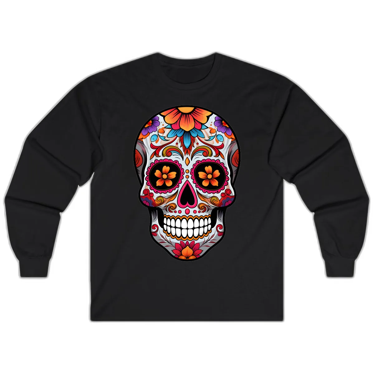 Vibrant Floral Sugar Skull Calavera Long Sleeve in Black