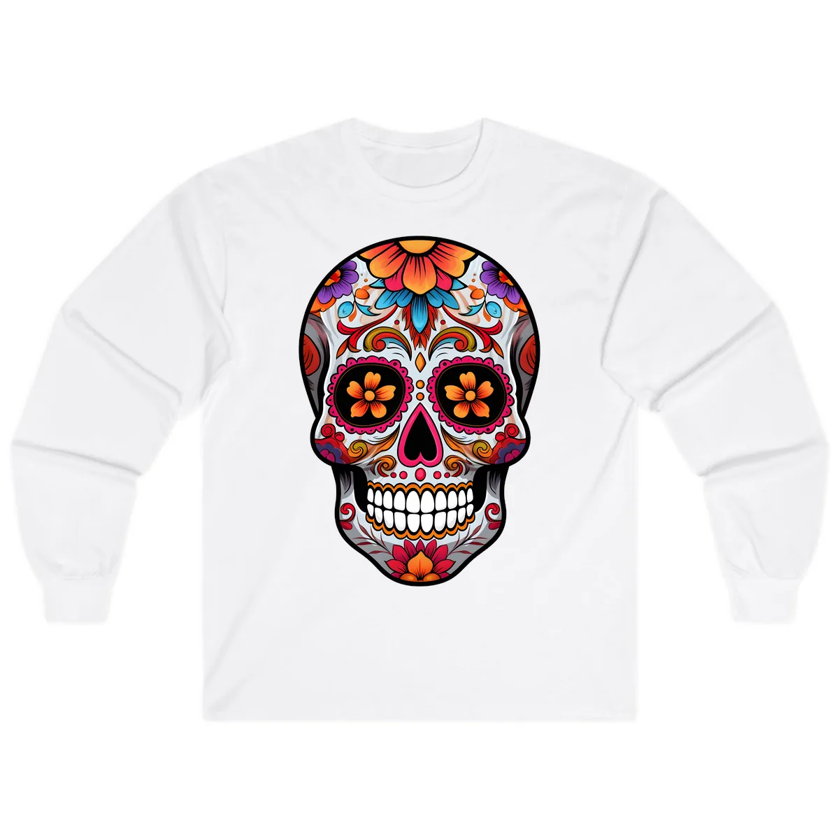Vibrant Floral Sugar Skull Calavera Long Sleeve in White