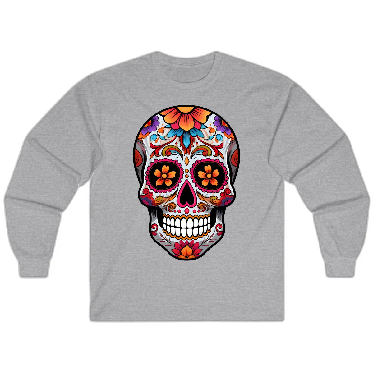 Vibrant Floral Sugar Skull Calavera Long Sleeve in Sport Grey