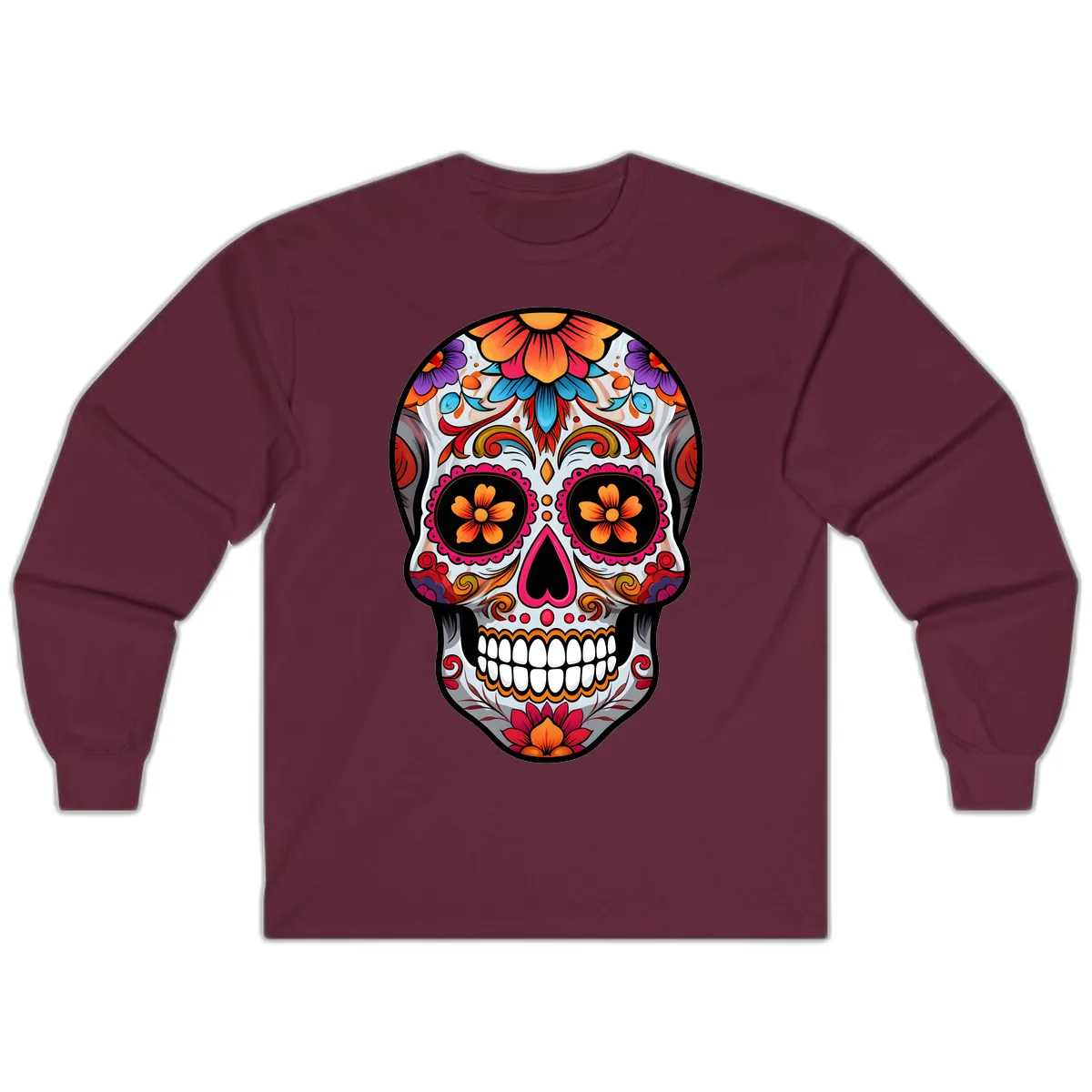 Vibrant Floral Sugar Skull Calavera Long Sleeve in Maroon