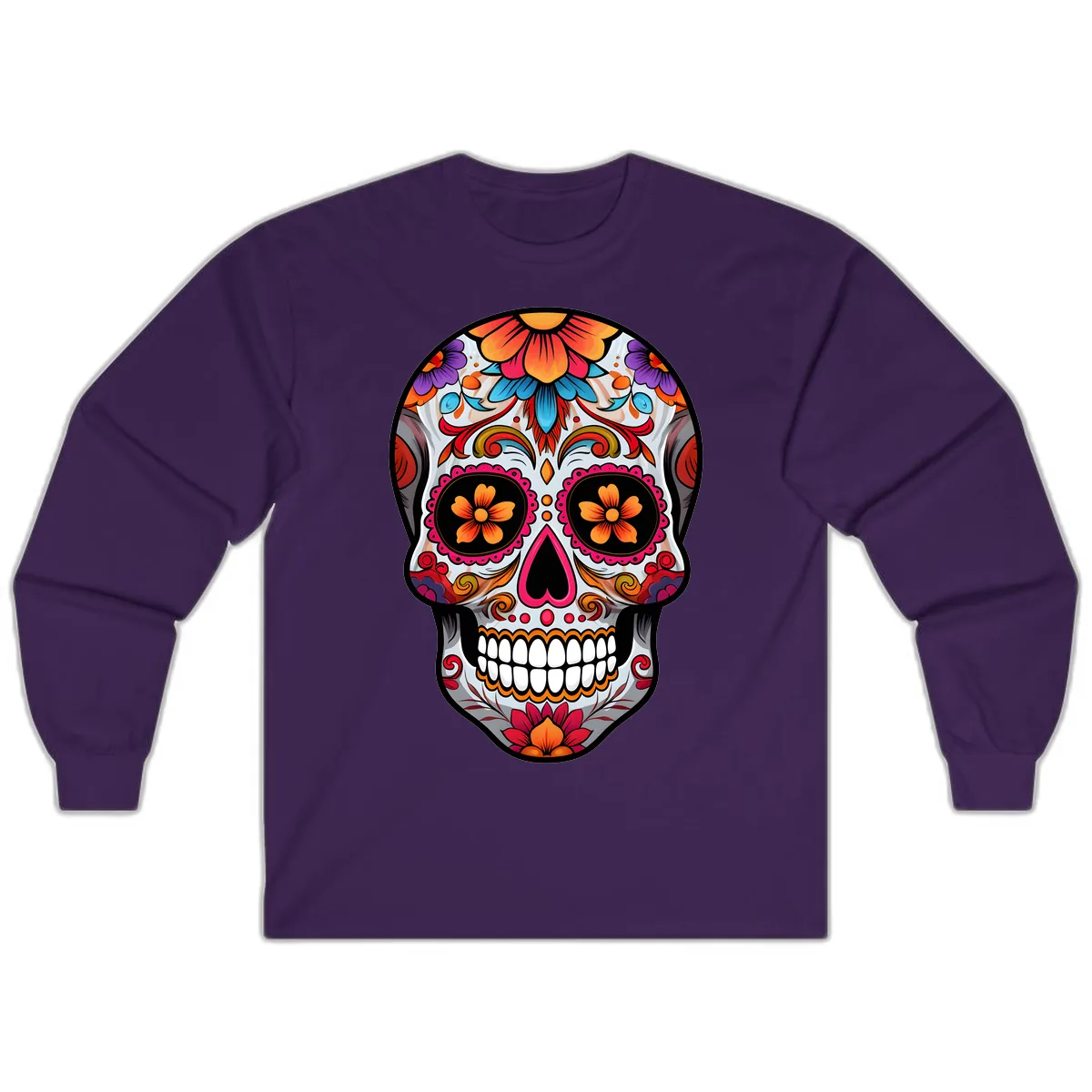 Vibrant Floral Sugar Skull Calavera Long Sleeve in Purple