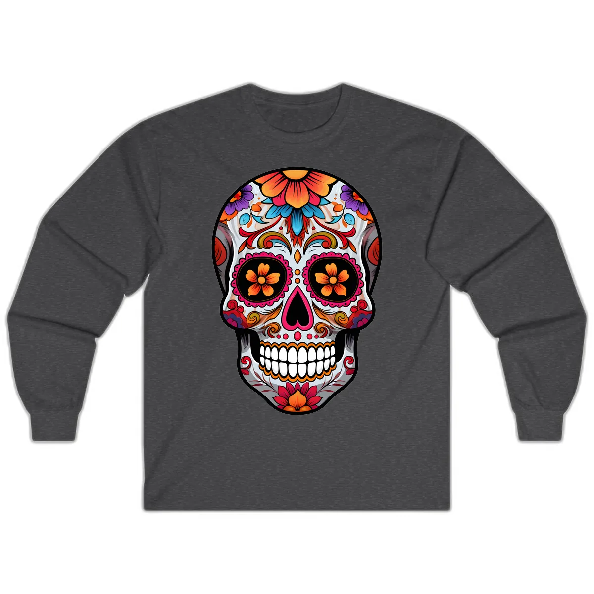 Vibrant Floral Sugar Skull Calavera Long Sleeve in Dark Heather