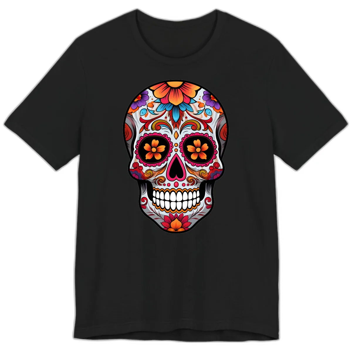 Vibrant Floral Sugar Skull Calavera Premium T-Shirt in Black