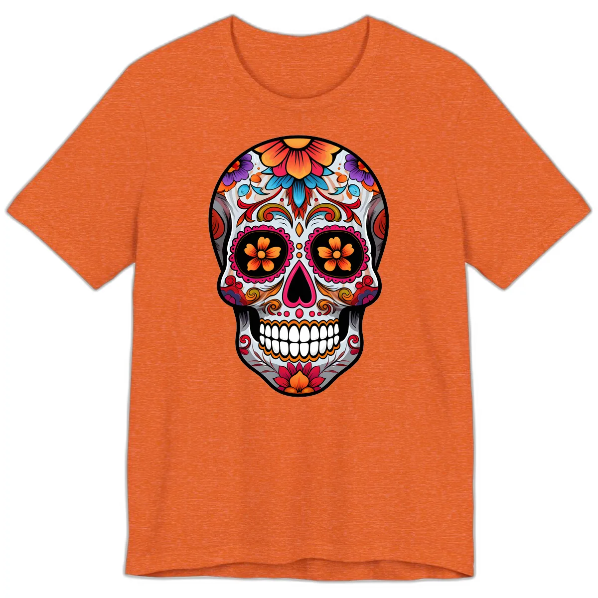 Vibrant Floral Sugar Skull Calavera Premium T-Shirt in Heather Orange