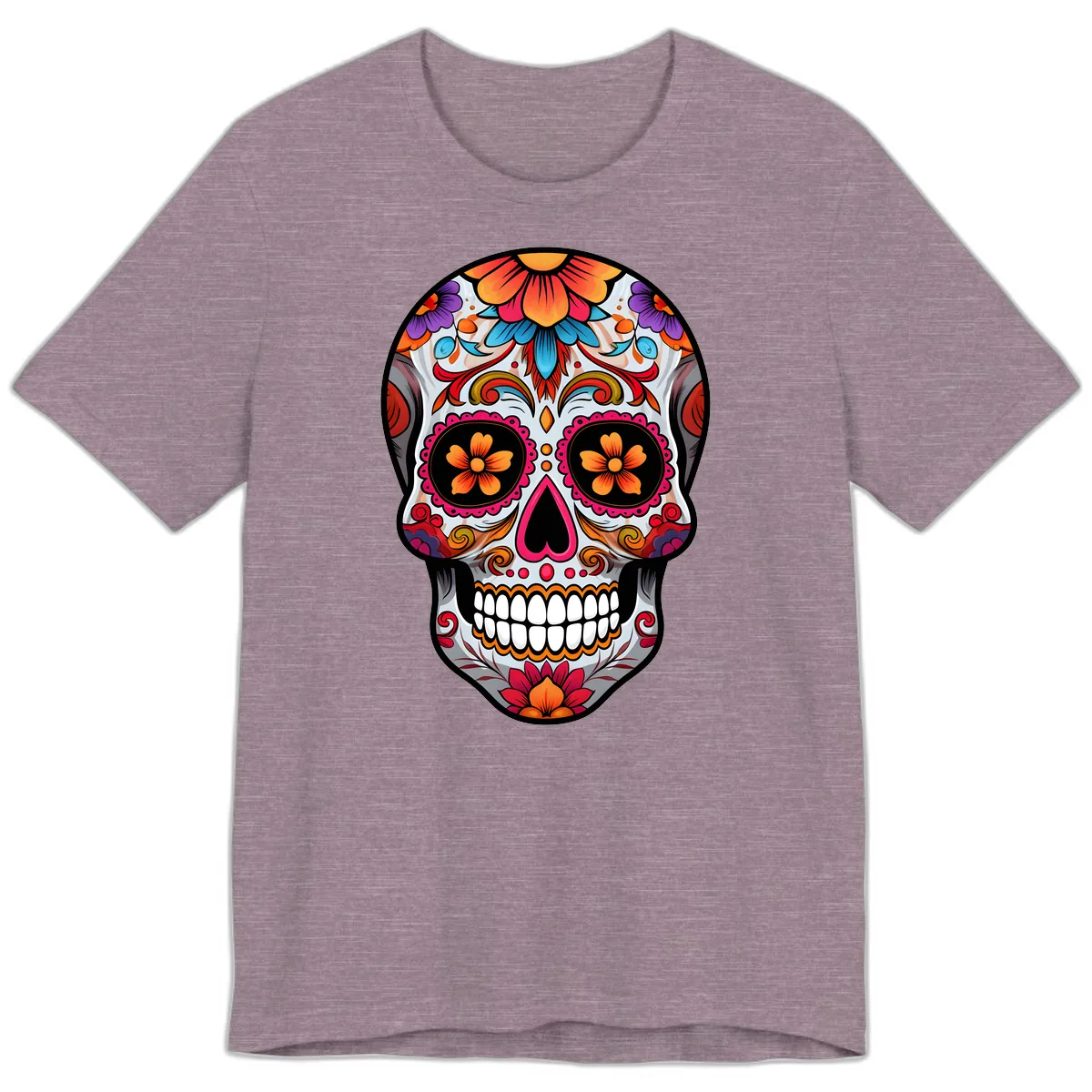 Vibrant Floral Sugar Skull Calavera Premium T-Shirt in Heather Purple