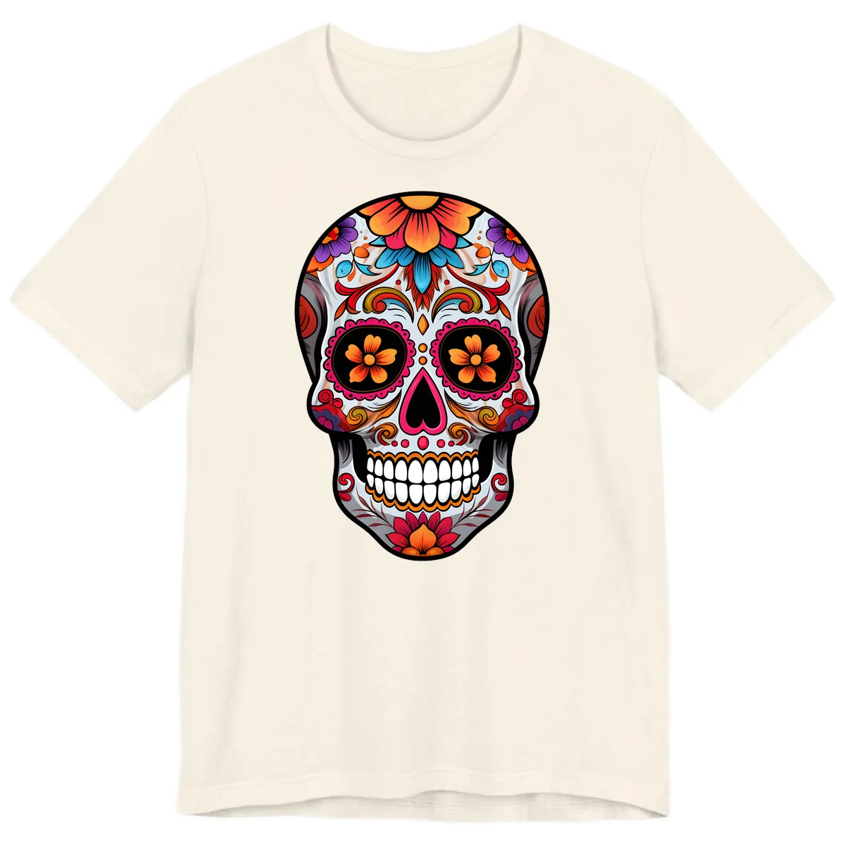 Vibrant Floral Sugar Skull Calavera Premium T-Shirt in Natural