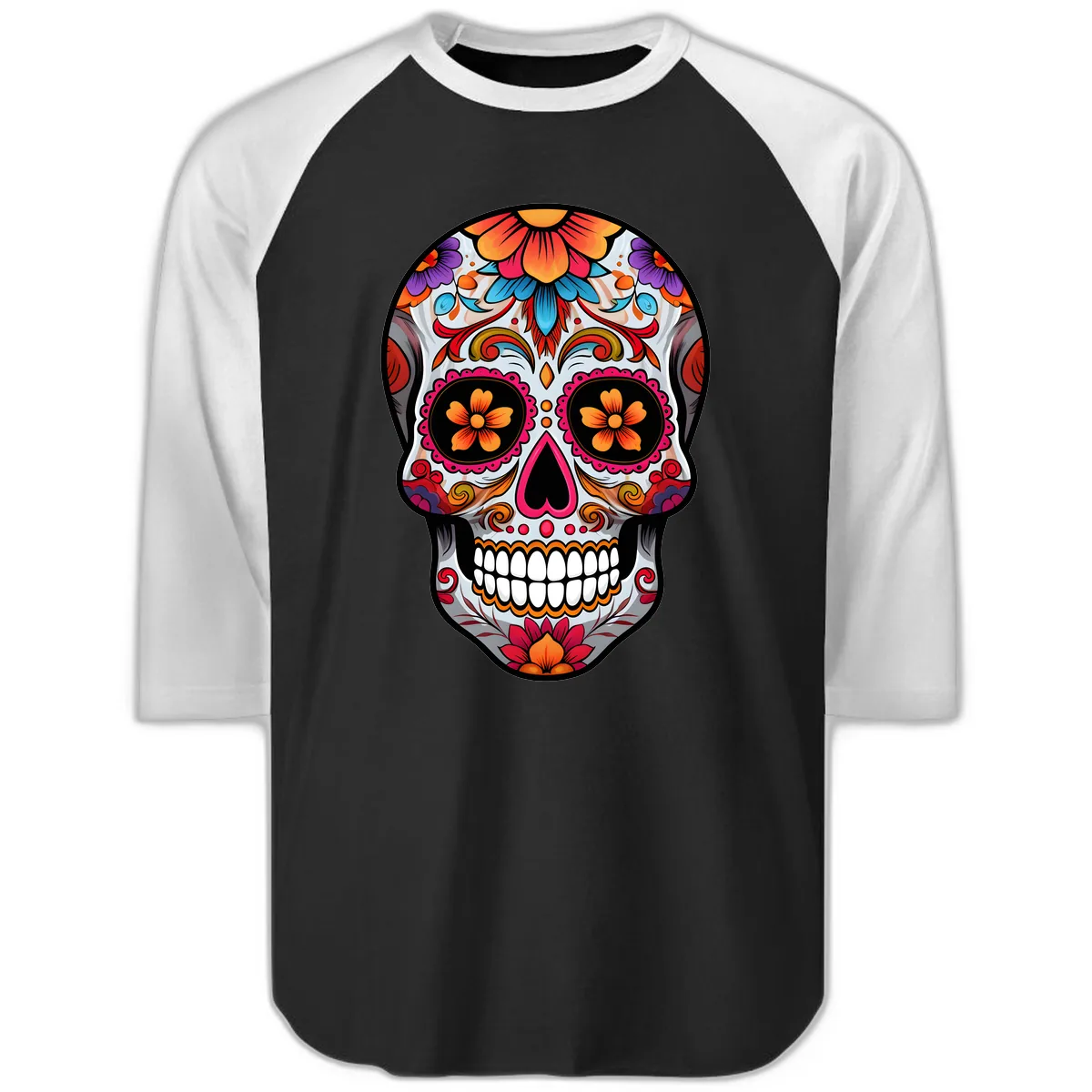 Vibrant Floral Sugar Skull Calavera Raglan 3/4 in Black White