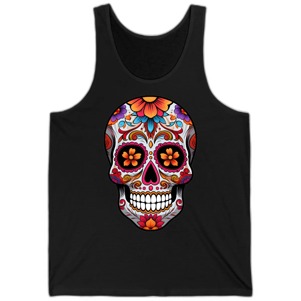 Vibrant Floral Sugar Skull Calavera Tank in Black