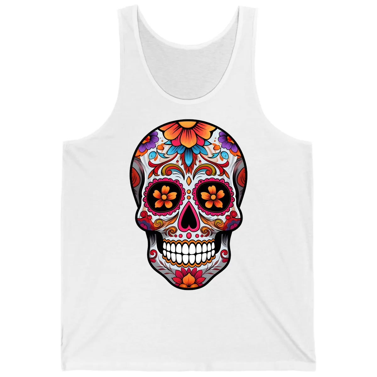 Vibrant Floral Sugar Skull Calavera Tank in White