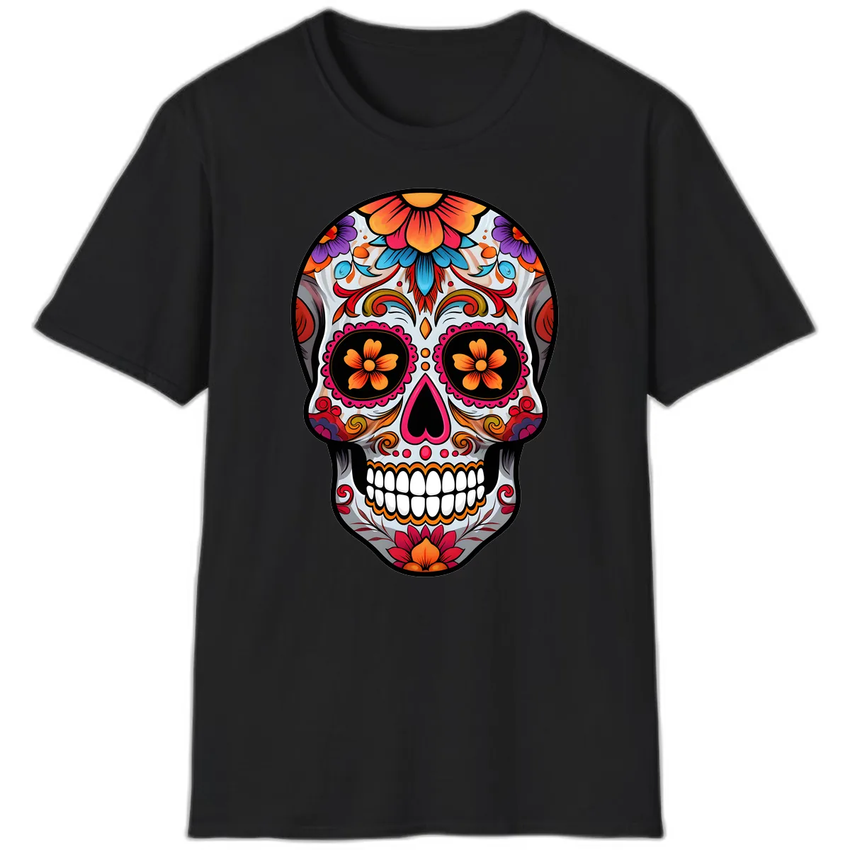 Vibrant Floral Sugar Skull Calavera T-Shirt in Black