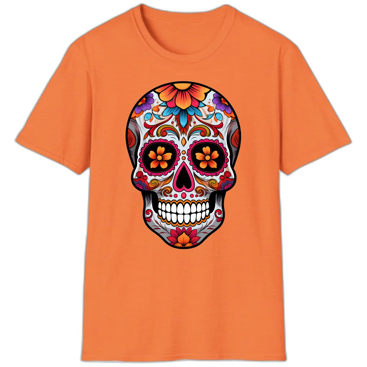 Vibrant Floral Sugar Skull Calavera T-Shirt in Heather Orange