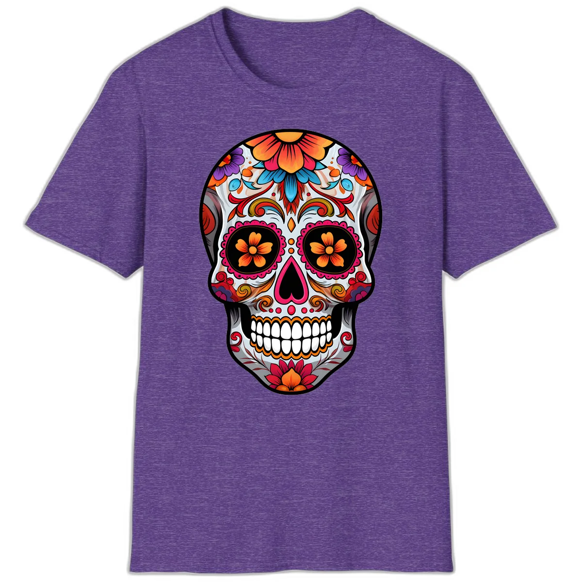 Vibrant Floral Sugar Skull Calavera T-Shirt in Heather Purple