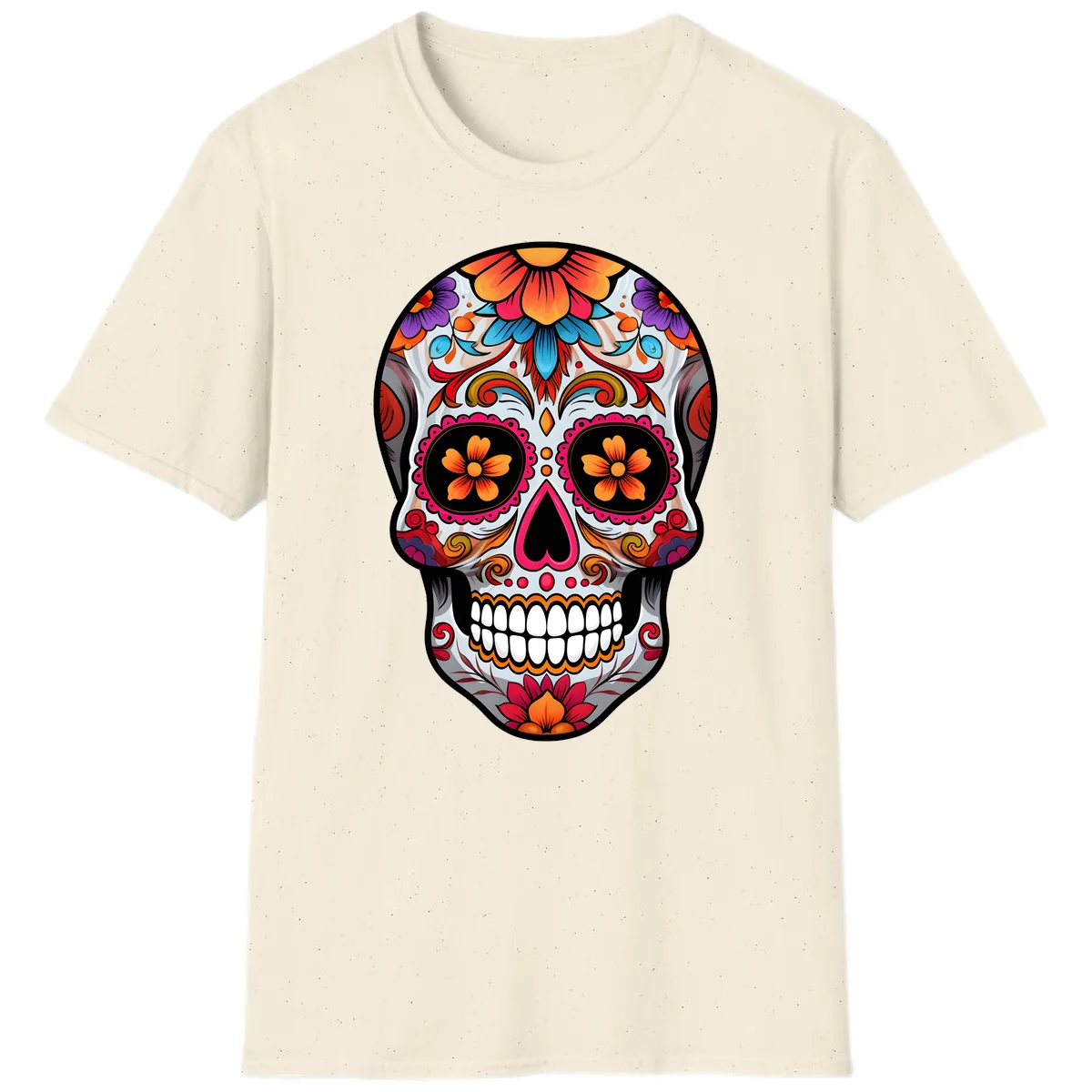 Vibrant Floral Sugar Skull Calavera T-Shirt in Natural