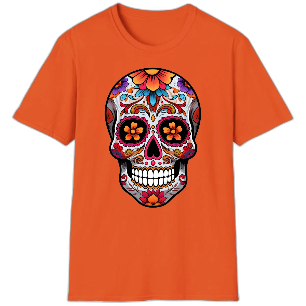 Vibrant Floral Sugar Skull Calavera T-Shirt in Orange