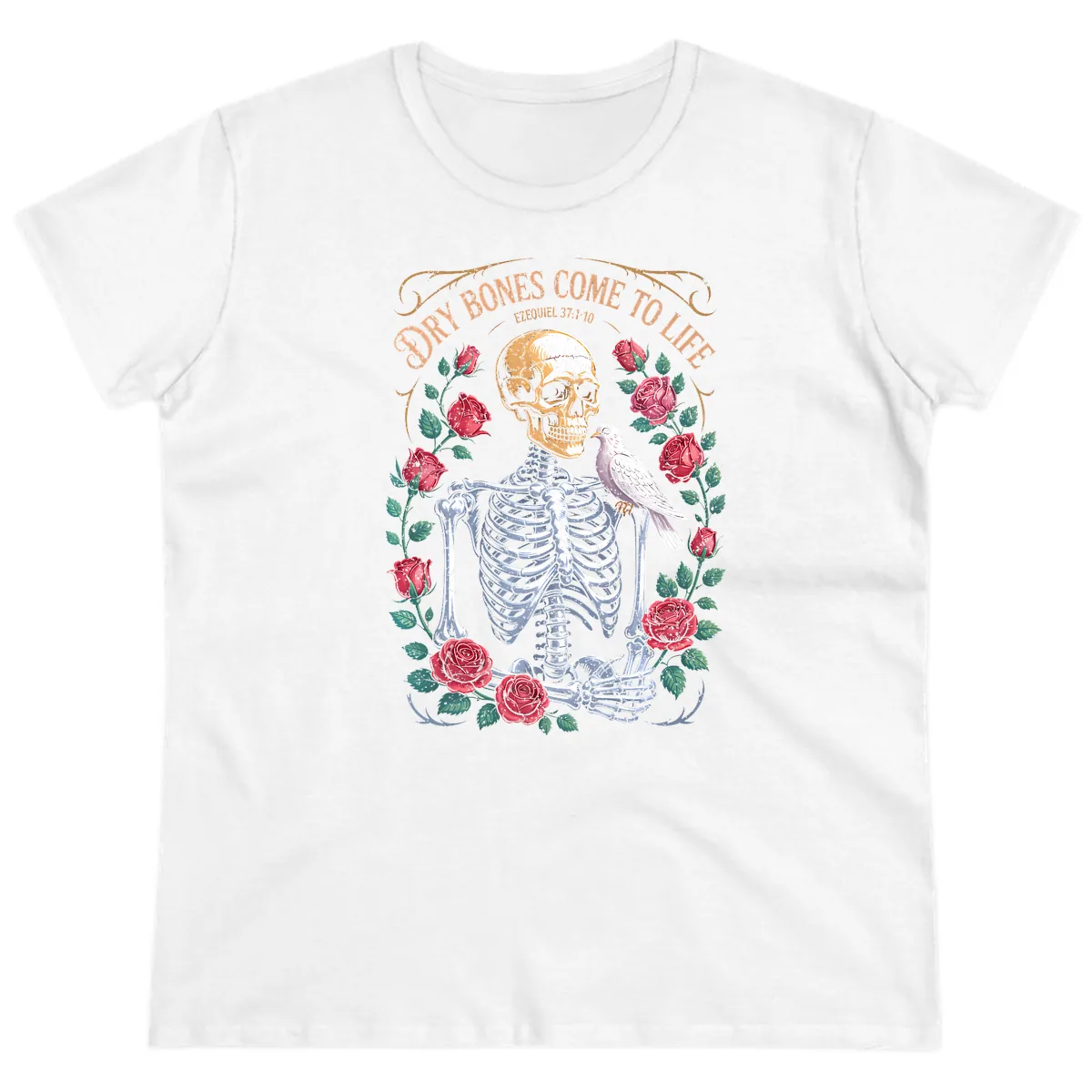 Dry Bones Come To Life Skull Ladies Tee in White