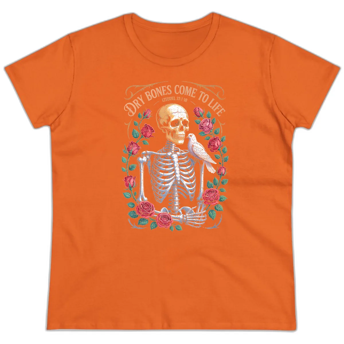 Dry Bones Come To Life Skull Ladies Tee in Orange