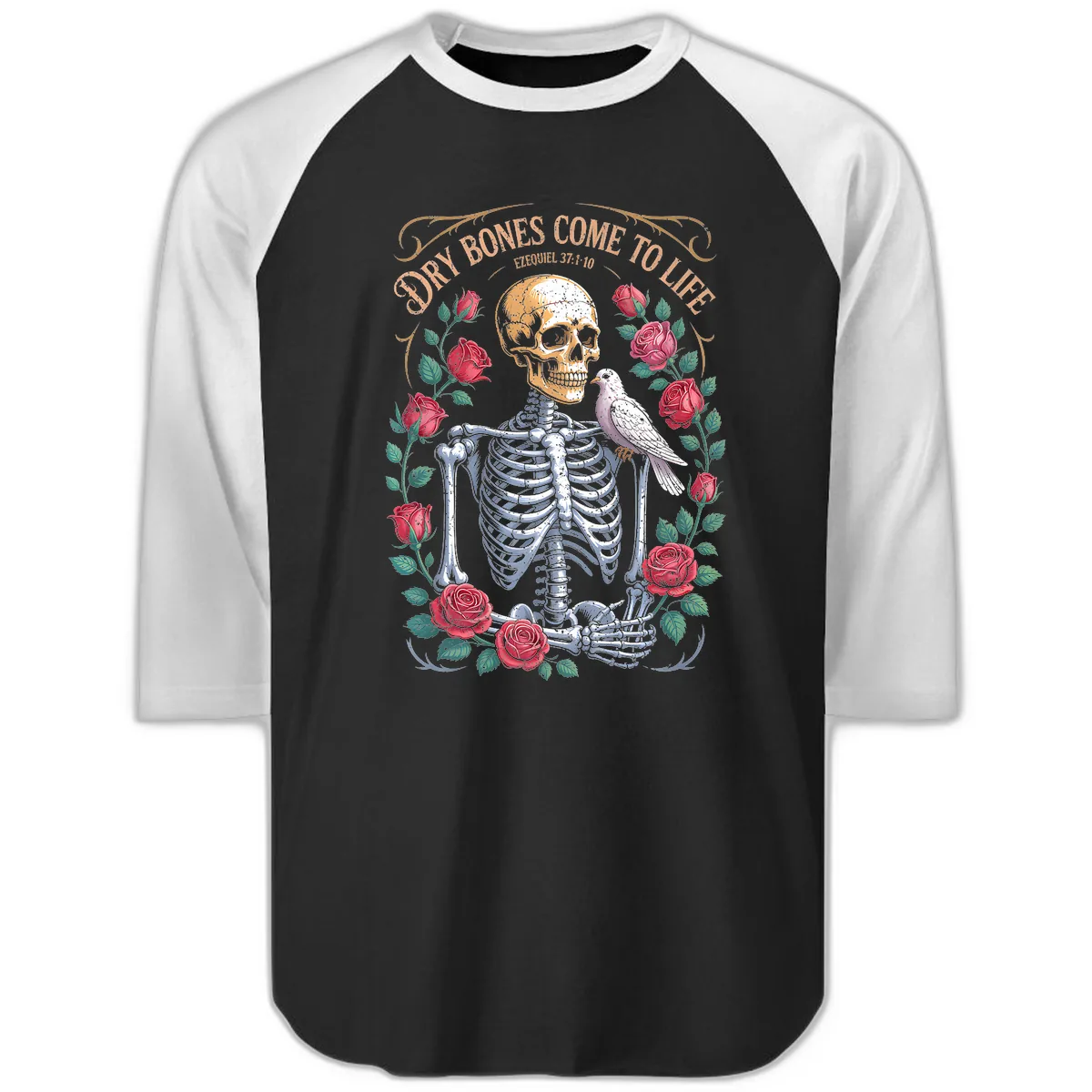 Dry Bones Come To Life Skull Raglan 3/4 in Black White