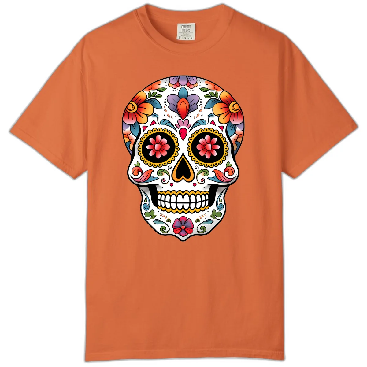 Vibrant Floral Calavera Sugar Skull Comfort Color in Burnt Orange