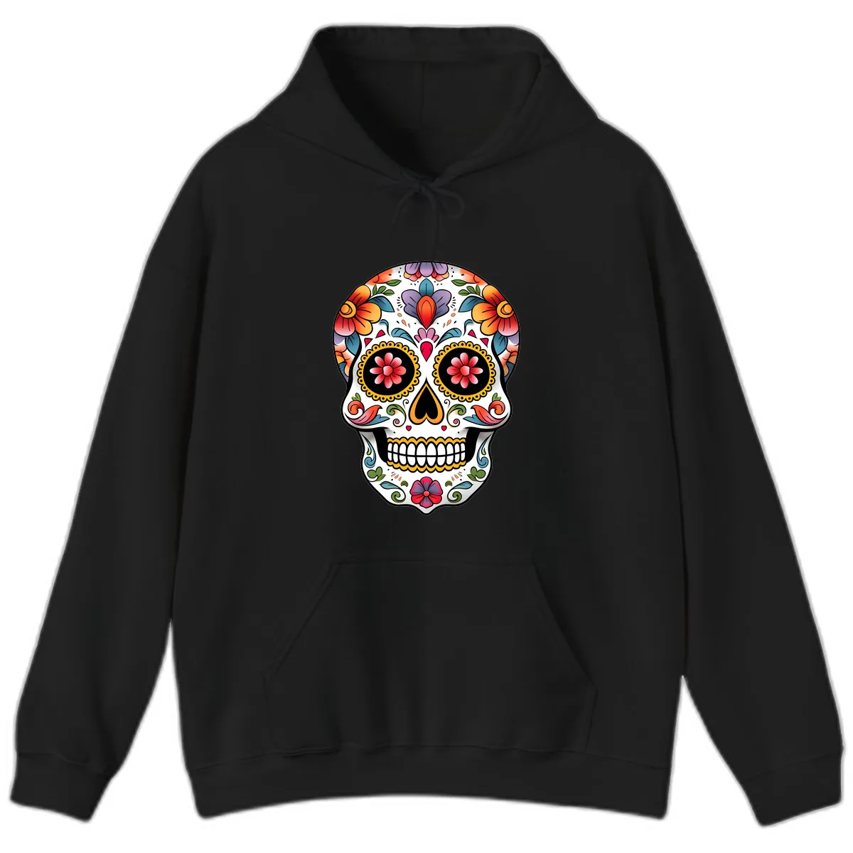 Vibrant Floral Calavera Sugar Skull Hoodie in Black