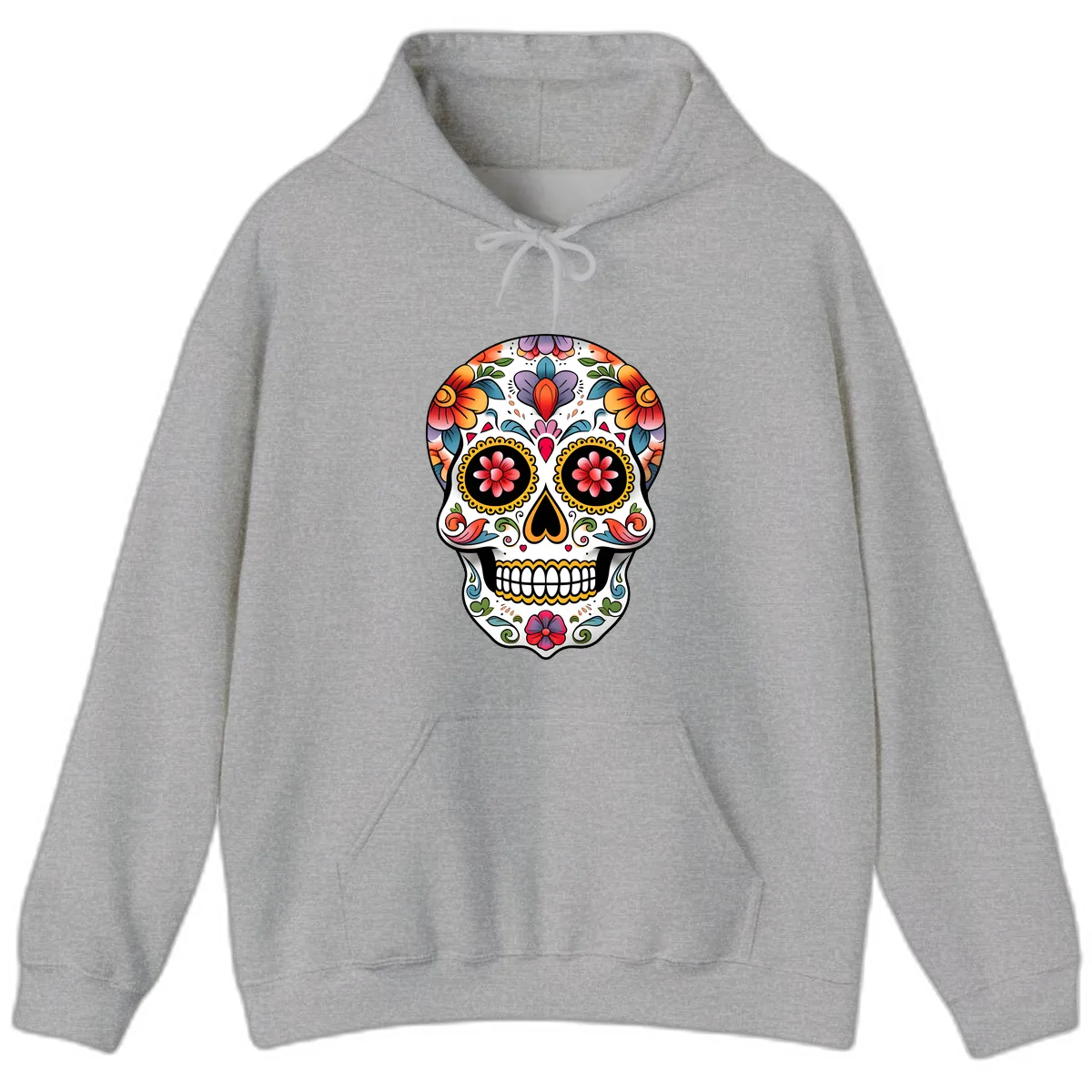 Vibrant Floral Calavera Sugar Skull Hoodie in Sport Grey