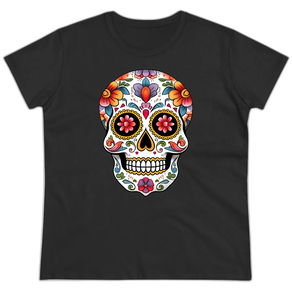 Vibrant Floral Calavera Sugar Skull Ladies Tee in Black