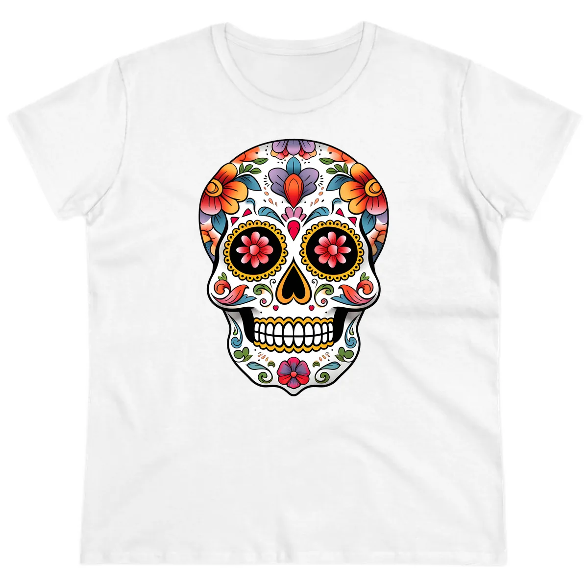 Vibrant Floral Calavera Sugar Skull Ladies Tee in White