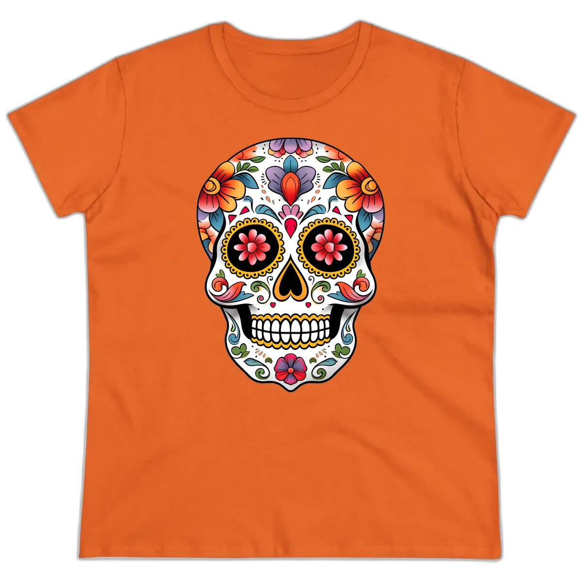 Vibrant Floral Calavera Sugar Skull Ladies Tee in Orange