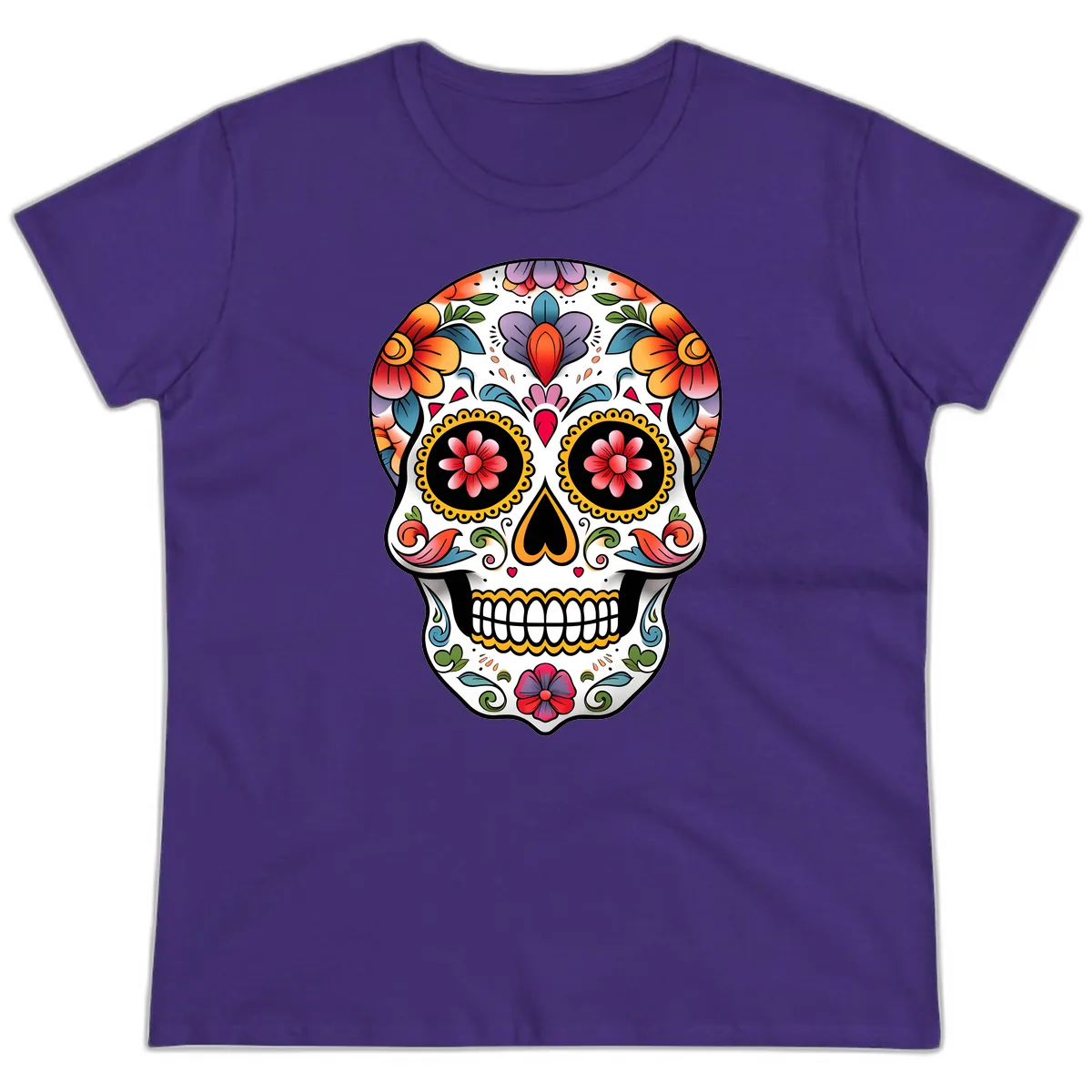 Vibrant Floral Calavera Sugar Skull Ladies Tee in Purple