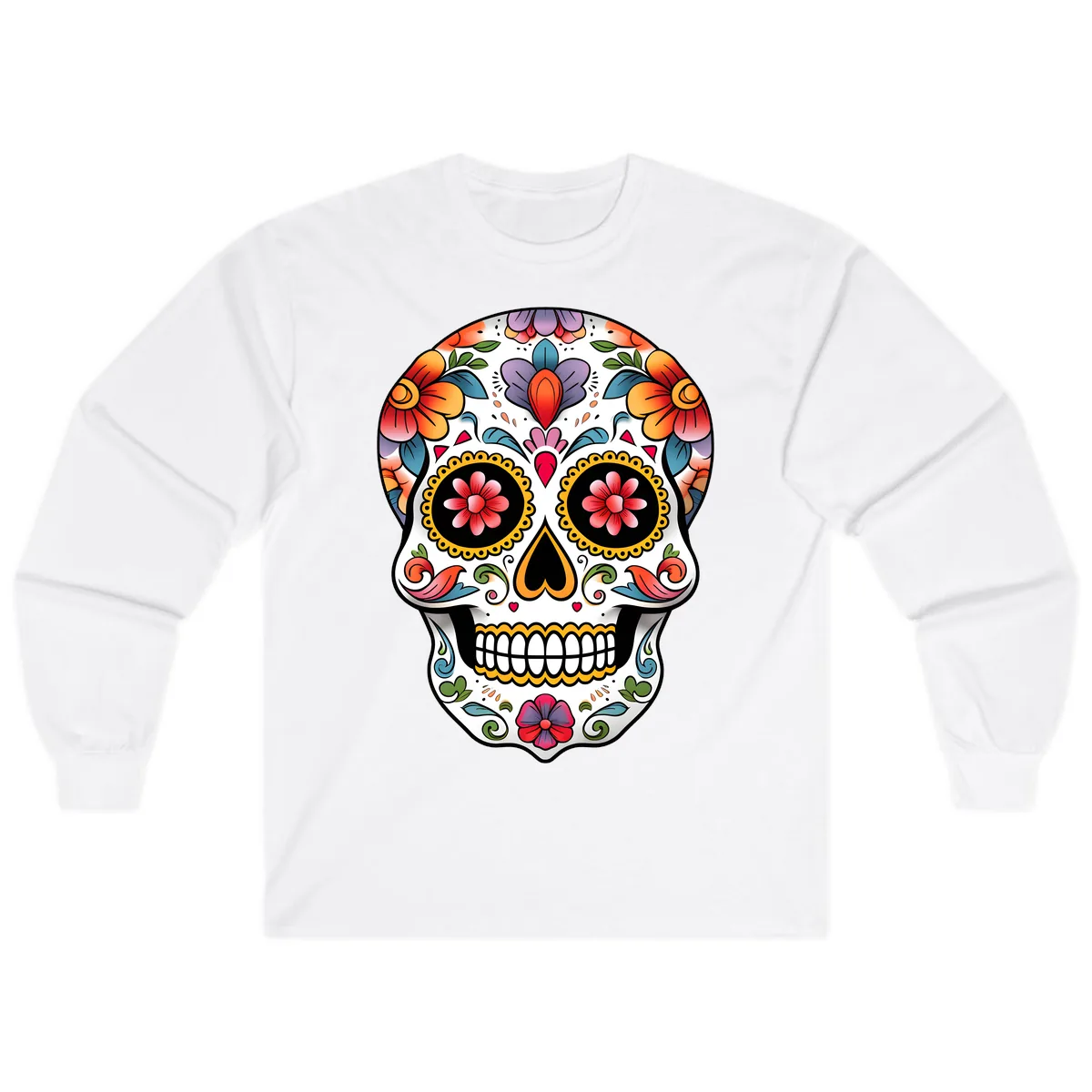 Vibrant Floral Calavera Sugar Skull Long Sleeve in White