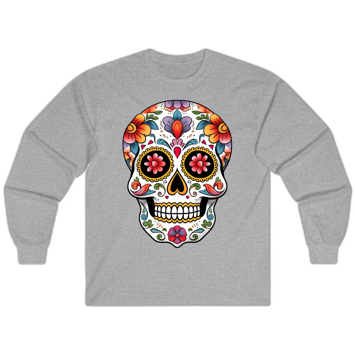Vibrant Floral Calavera Sugar Skull Long Sleeve in Sport Grey
