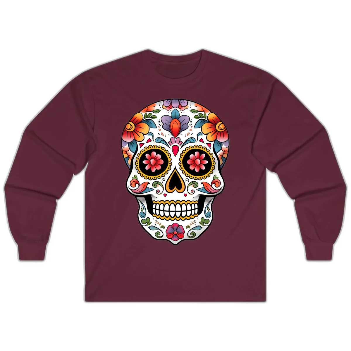 Vibrant Floral Calavera Sugar Skull Long Sleeve in Maroon