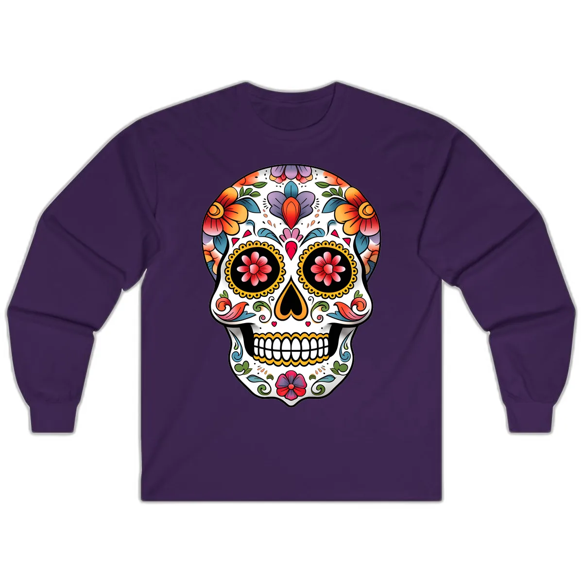 Vibrant Floral Calavera Sugar Skull Long Sleeve in Purple