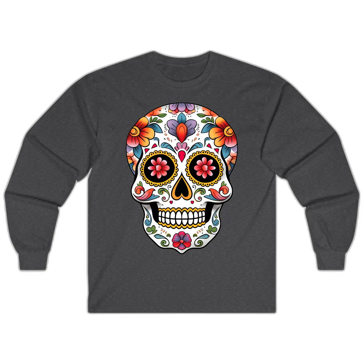 Vibrant Floral Calavera Sugar Skull Long Sleeve in Dark Heather