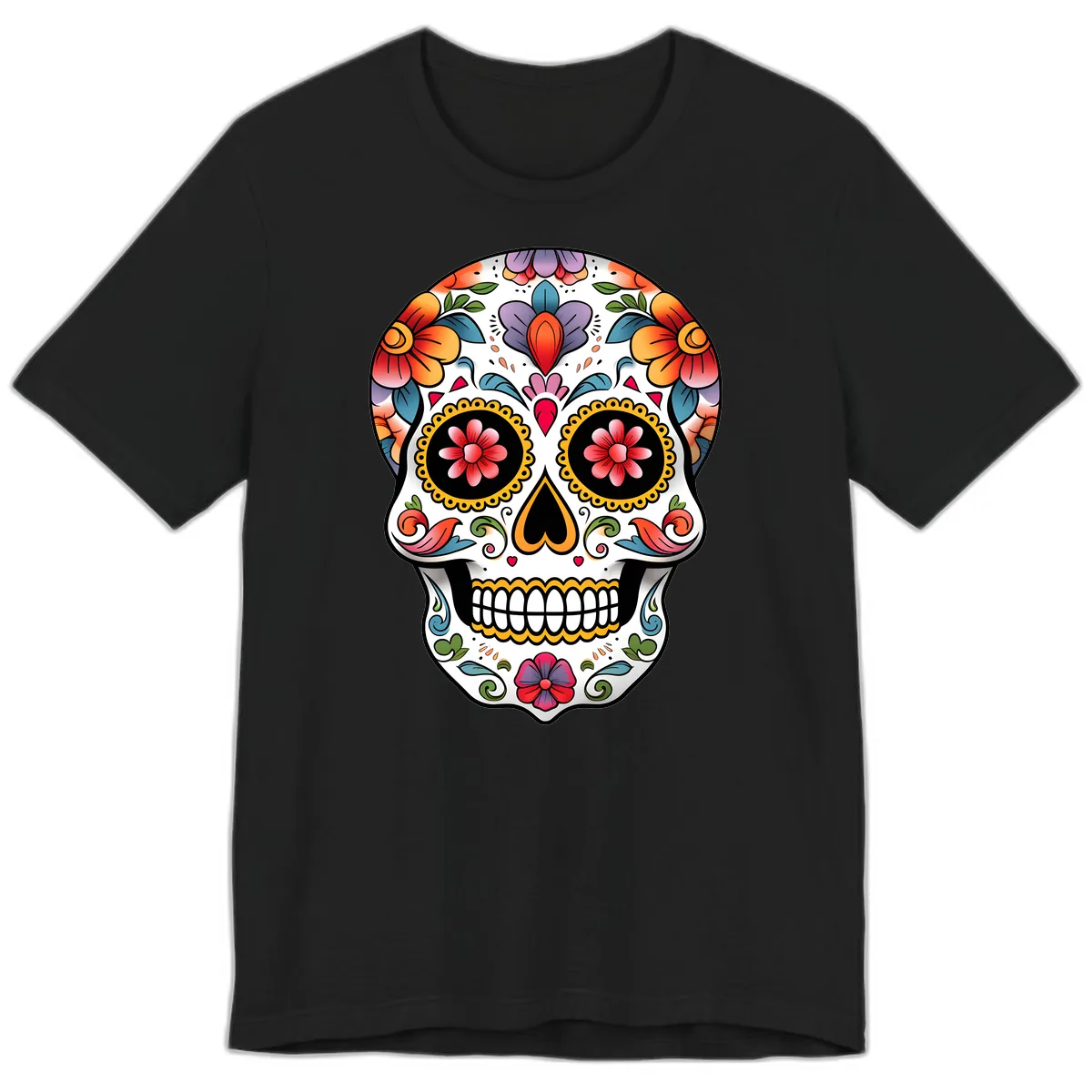 Vibrant Floral Calavera Sugar Skull Premium T-Shirt in Black
