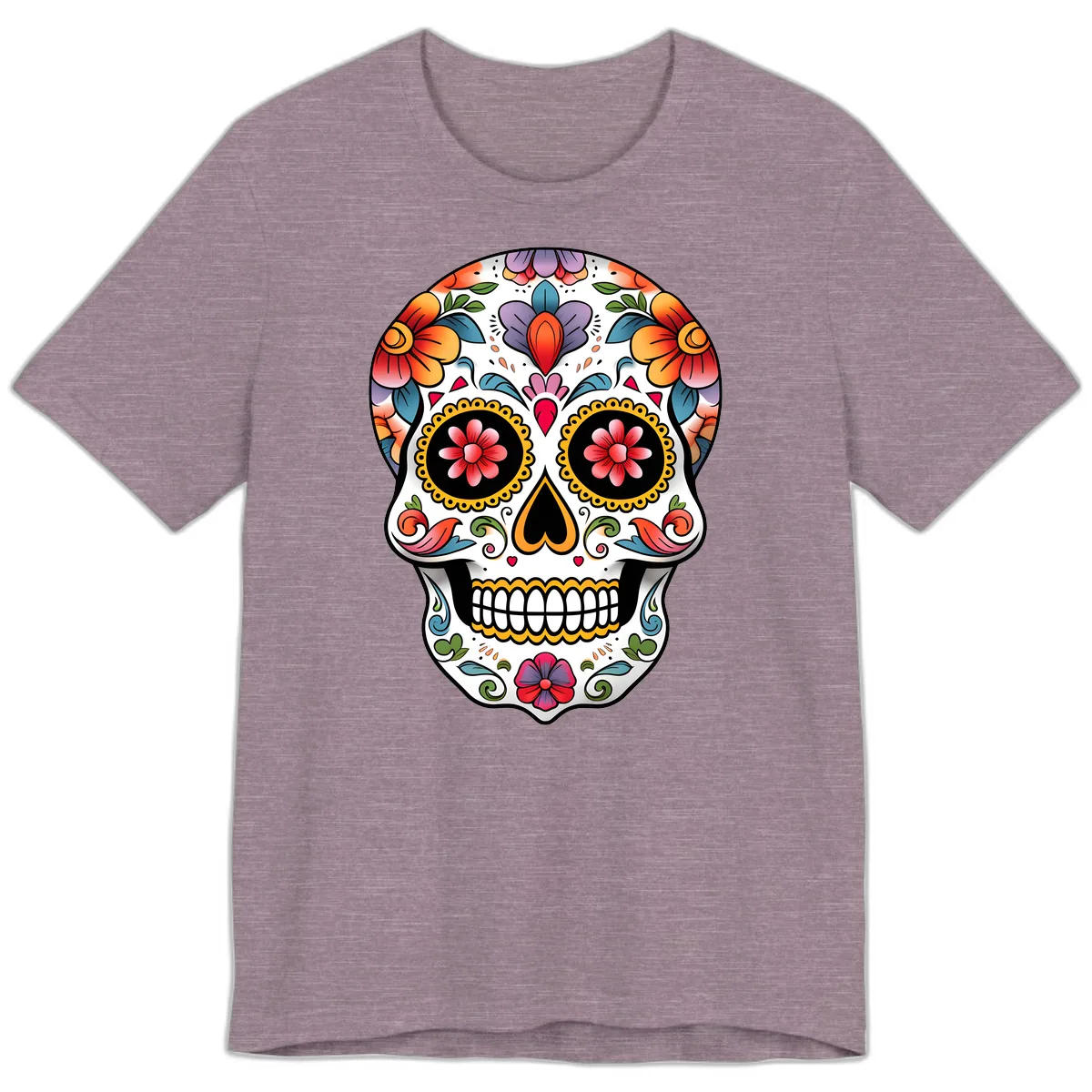 Vibrant Floral Calavera Sugar Skull Premium T-Shirt in Heather Purple