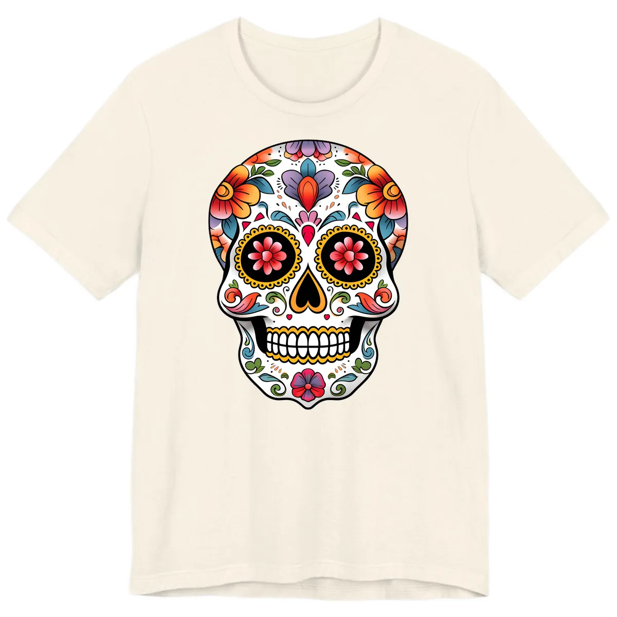 Vibrant Floral Calavera Sugar Skull Premium T-Shirt in Natural
