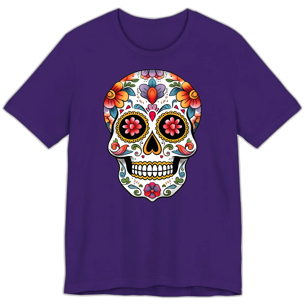Vibrant Floral Calavera Sugar Skull Premium T-Shirt in Team Purple