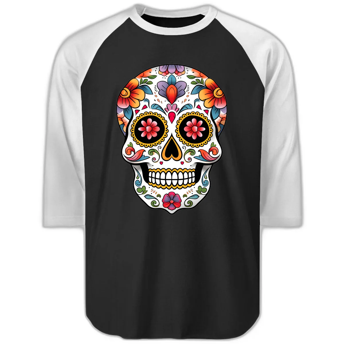 Vibrant Floral Calavera Sugar Skull Raglan 3/4 in Black White