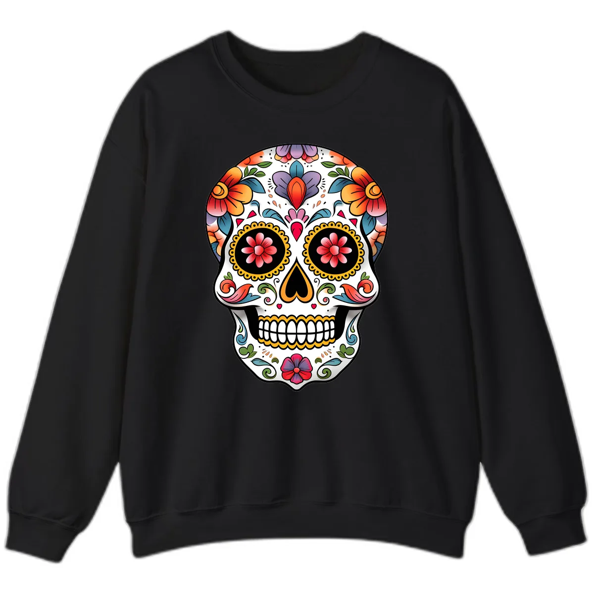 Vibrant Floral Calavera Sugar Skull Sweatshirt in Black
