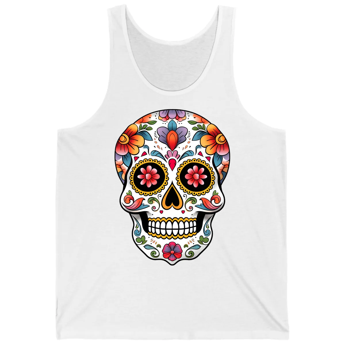 Vibrant Floral Calavera Sugar Skull Tank in White