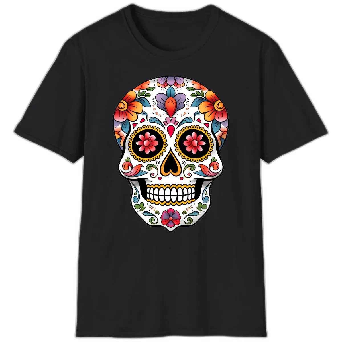 Vibrant Floral Calavera Sugar Skull T-Shirt in Black