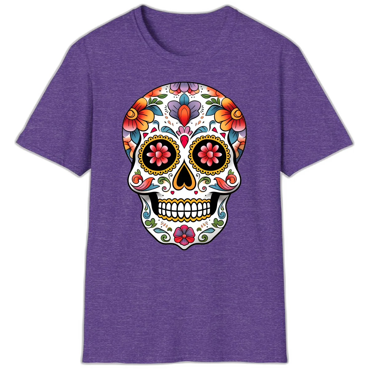 Vibrant Floral Calavera Sugar Skull T-Shirt in Heather Purple