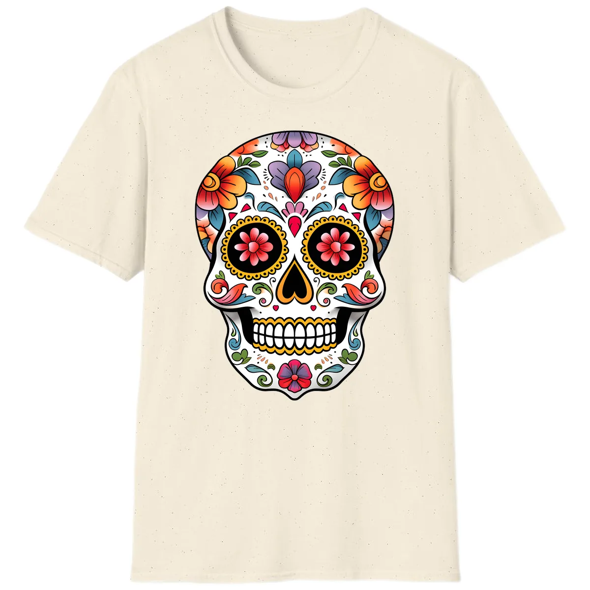 Vibrant Floral Calavera Sugar Skull T-Shirt in Natural