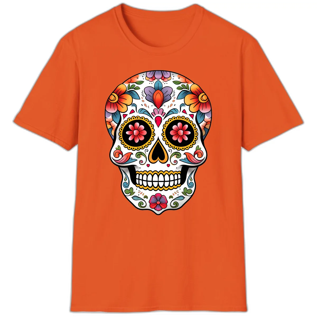 Vibrant Floral Calavera Sugar Skull T-Shirt in Orange